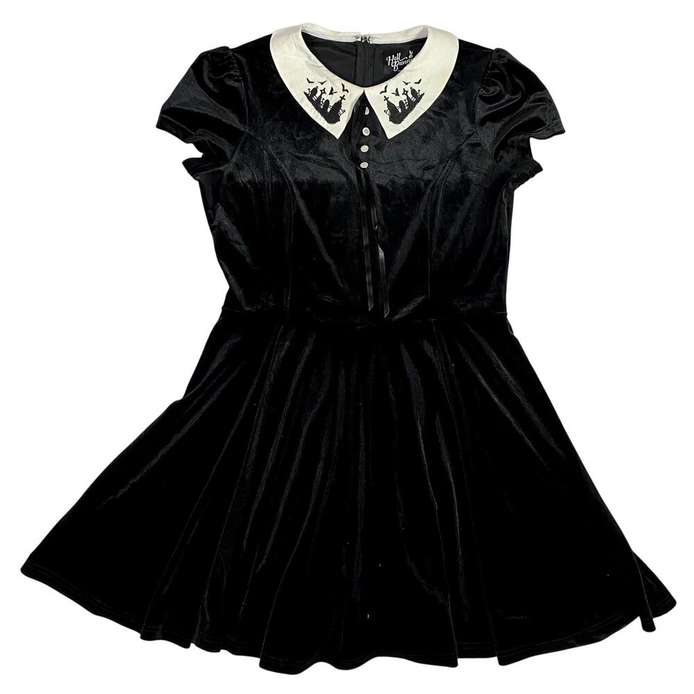 Hell Bunny Dress Large Black Velvet Graveyard Wednesday Addams Goth Mini Collar